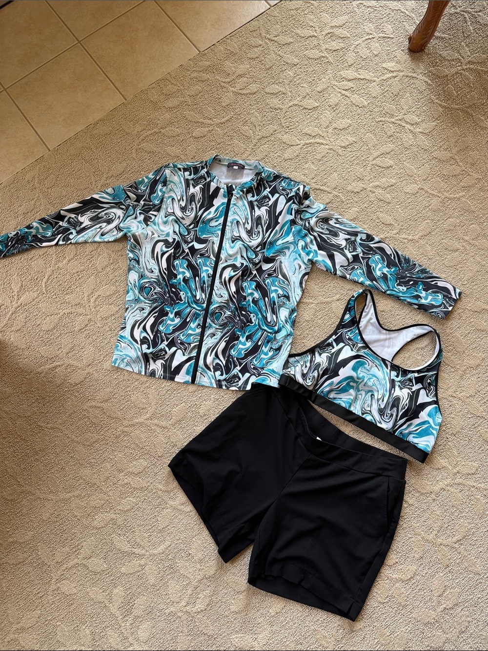 Teal Swirl Zip-Up Rash Guard Set with Black Swim Shorts
